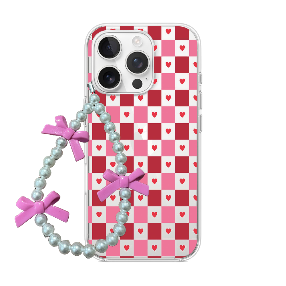 Retro Heart Checkerboard Phone Case with Beaded Charm